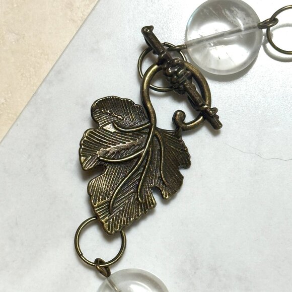 2/20, Natural Clear Quartz Bracelet, Genuine Gemstone + Bronze Grape Leaf - Picture 3 of 14